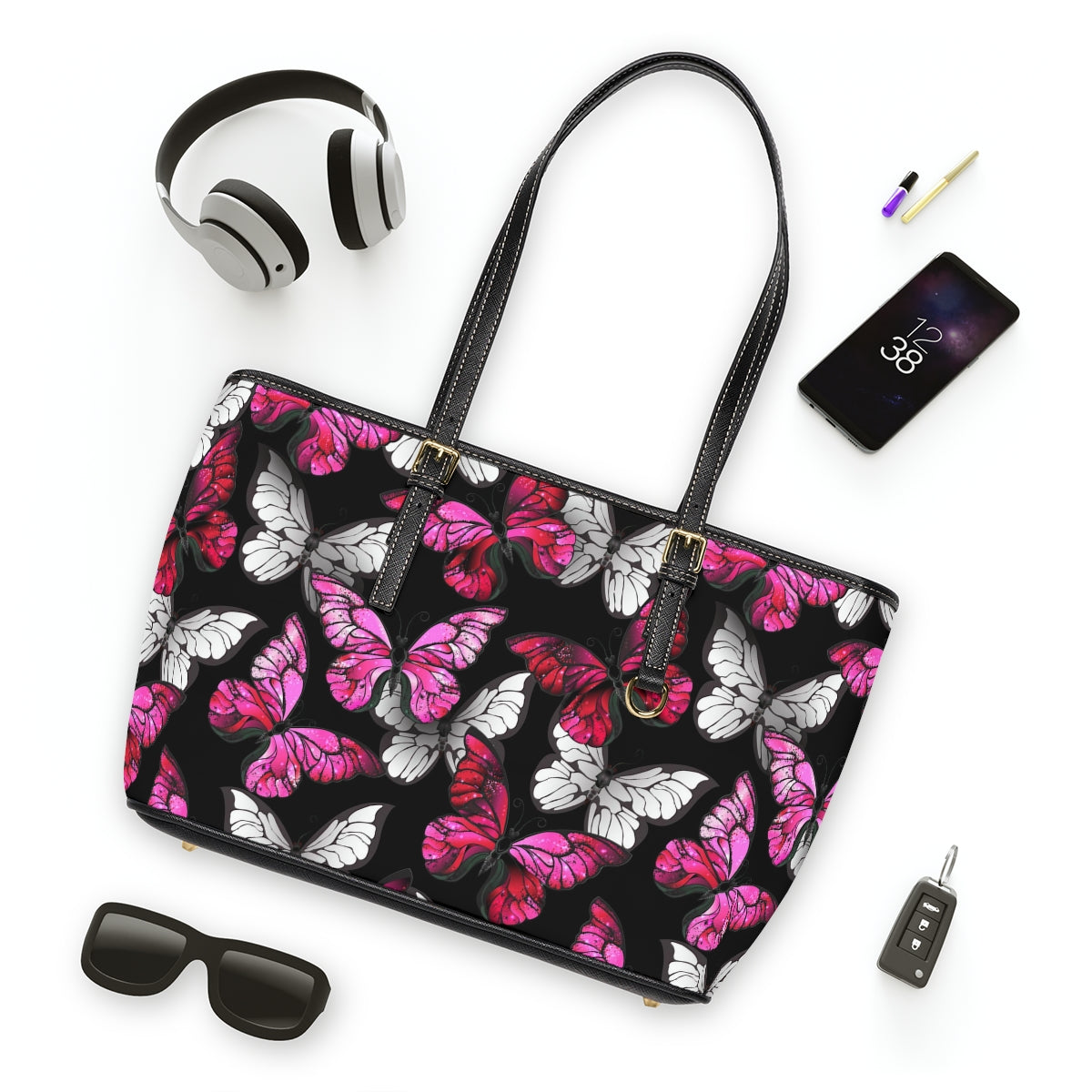 Pink With White Butterflies PU Leather Shoulder Bag