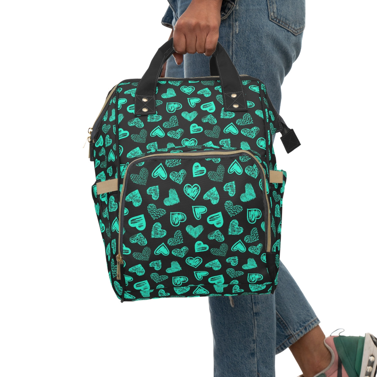 Black With Teal Doodle Hearts Multifunctional Backpack