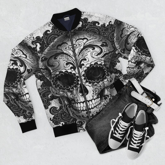 Grey & White Sugar Skull Bomber Jacket