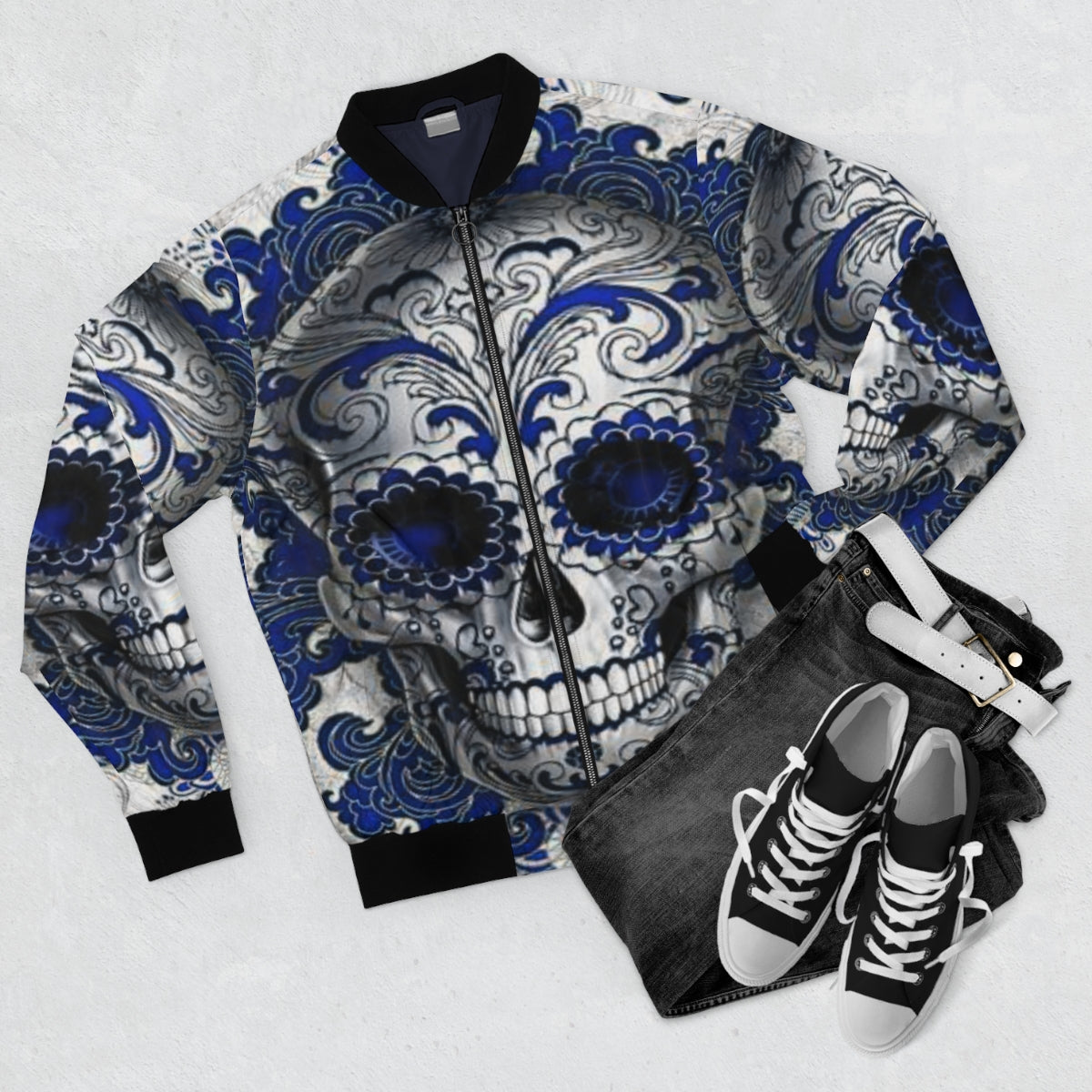 Blue Sugar Skull Bomber Jacket