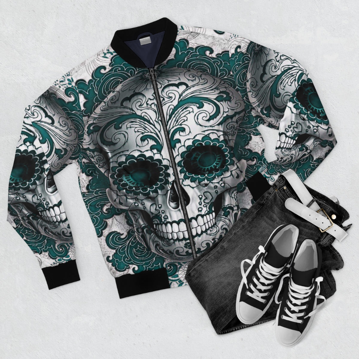 Teal Sugar Skull Bomber Jacket