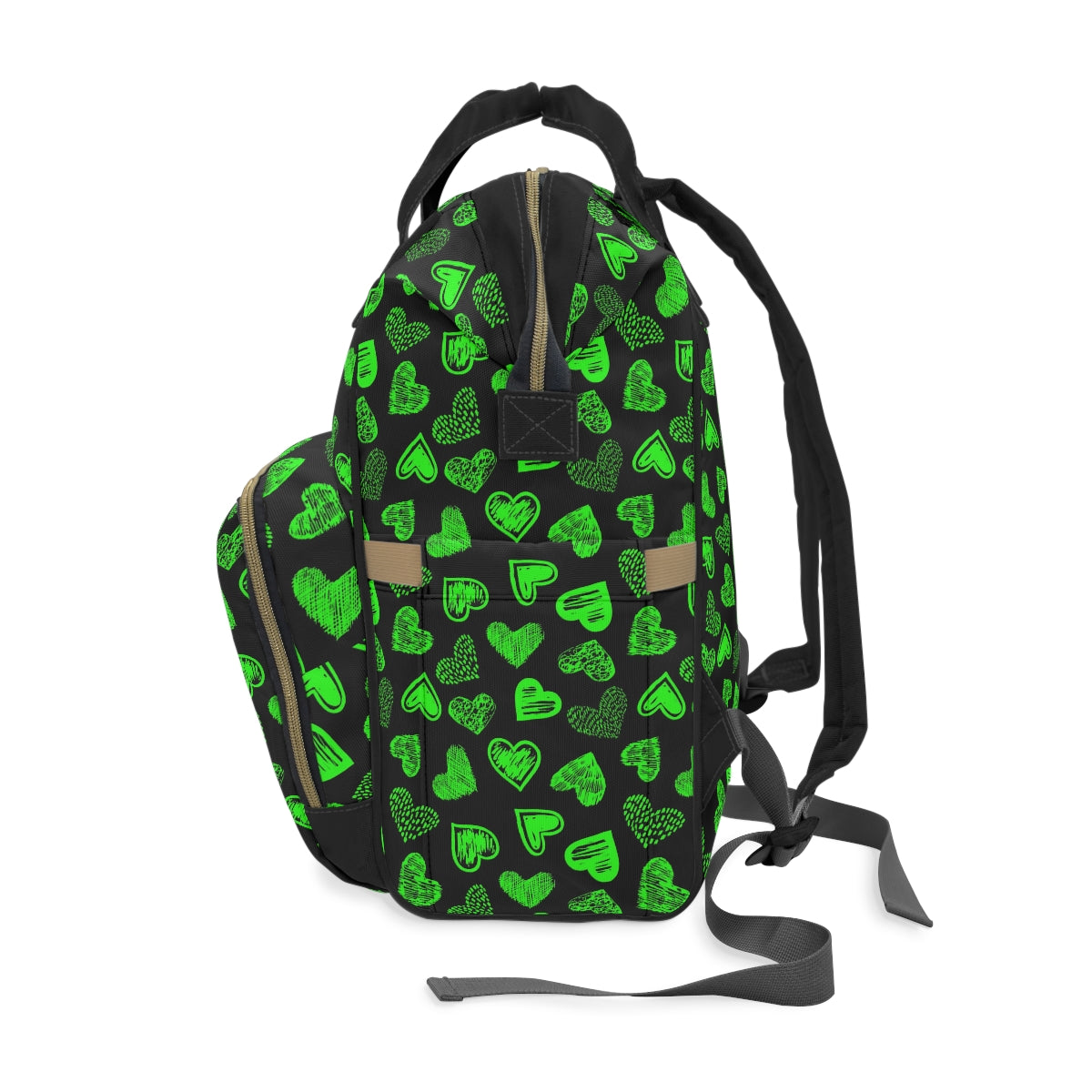 Black With Green Doodle Hearts Multifunctional Backpack