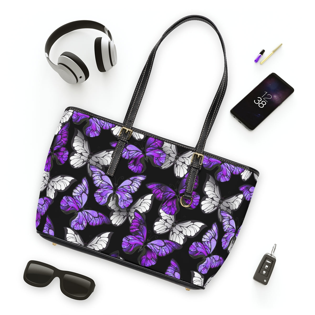 Purple With White Butterflies PU Leather Shoulder Bag