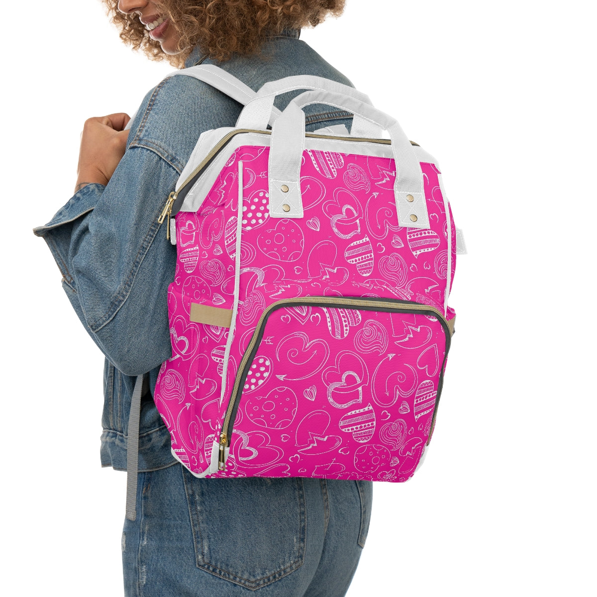 Pink With White Doodle Hearts Multifunctional Backpack