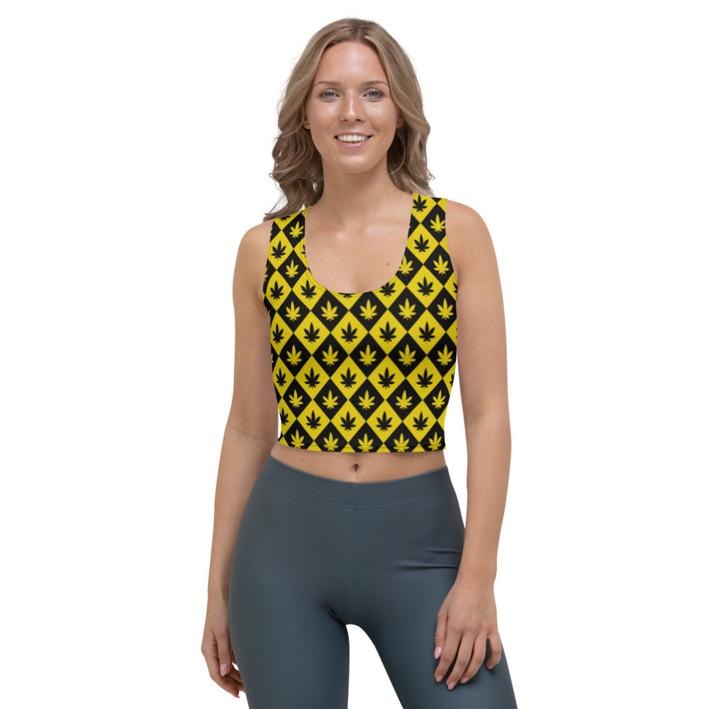 Black & Yellow Stoners Only Weed Leaf Checker Board Crop Top