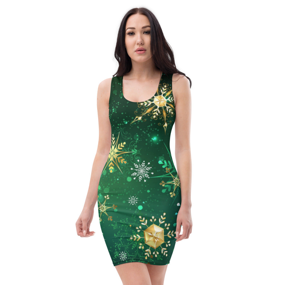 Green With Golden Snow Flakes Dress