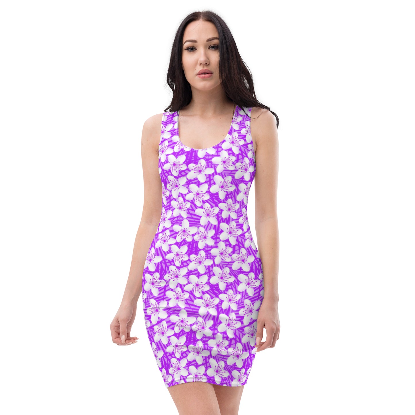 White With Purple Tropical Flowers Dress