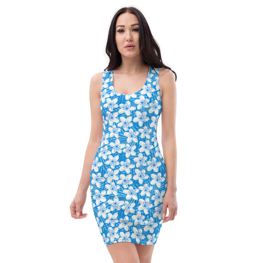 White With Blue Tropical Flowers Dress