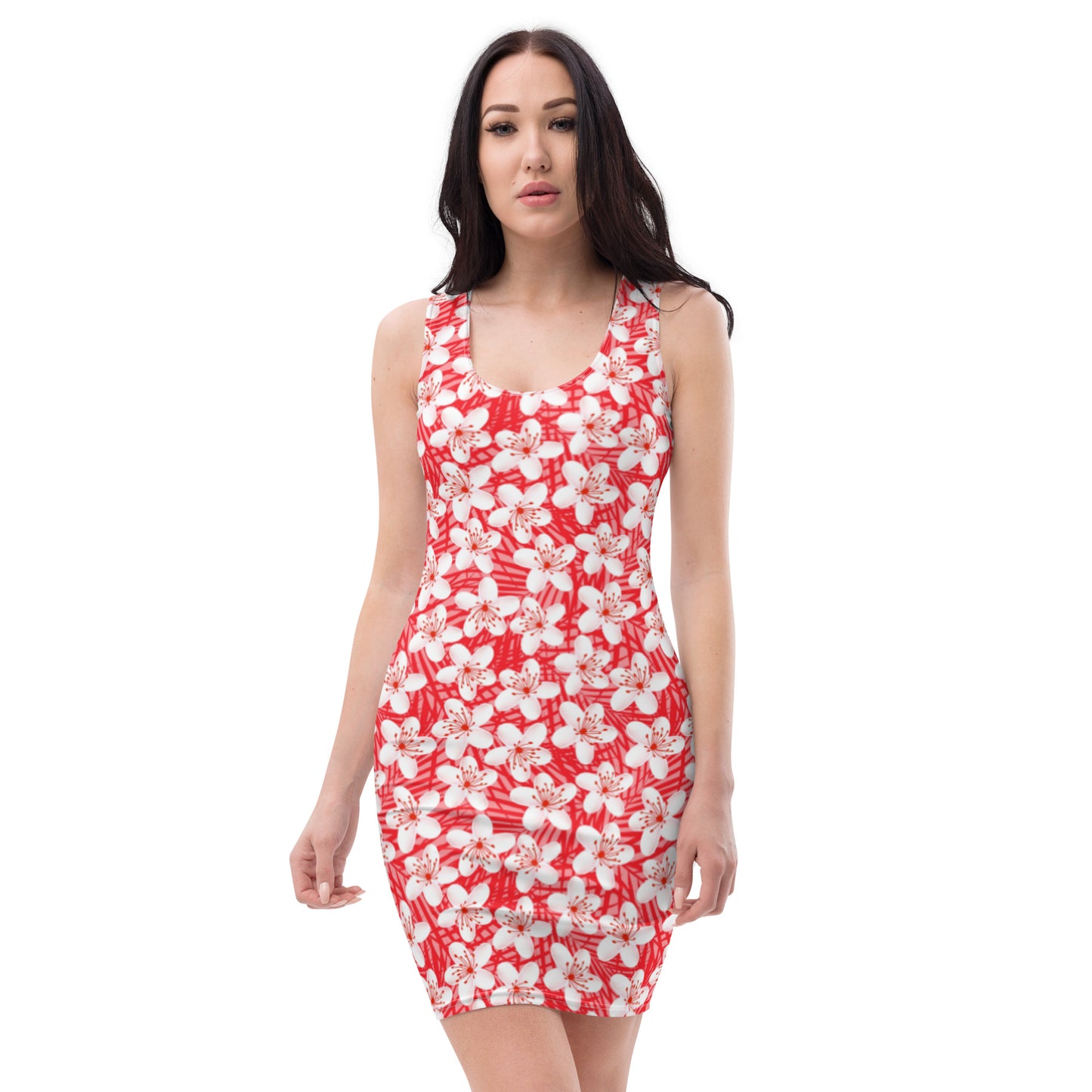 White With Red Tropical Flowers Dress