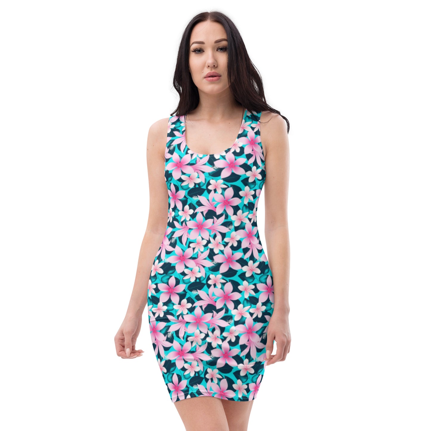 Pink Tropical Hibiscus Flowers With Blue Leaves Dress