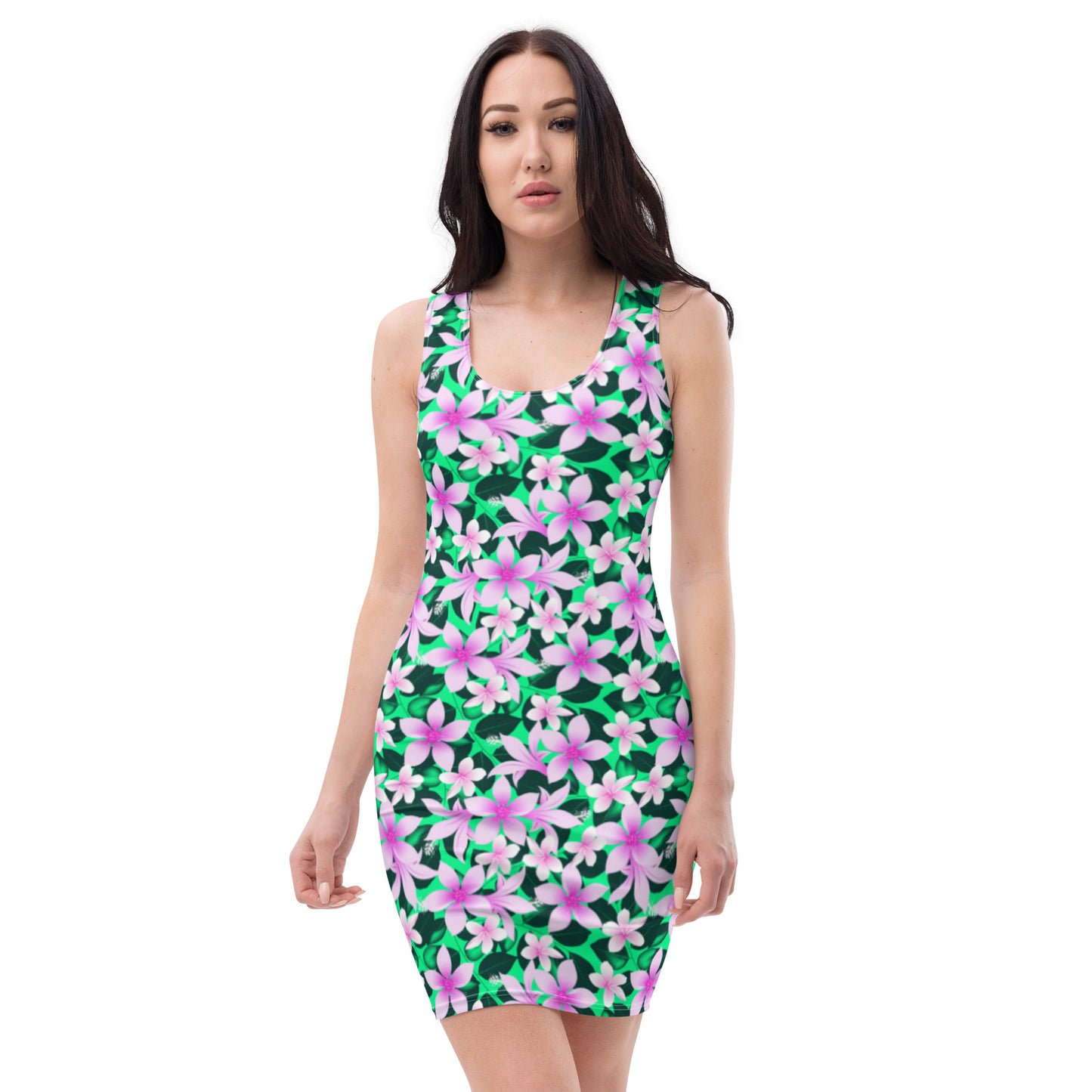 Purple Tropical Hibiscus Flowers With Green Leaves Dress