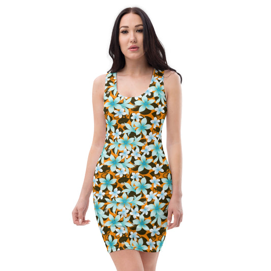 Blue Tropical Hibiscus Flowers With Orange Leaves Dress