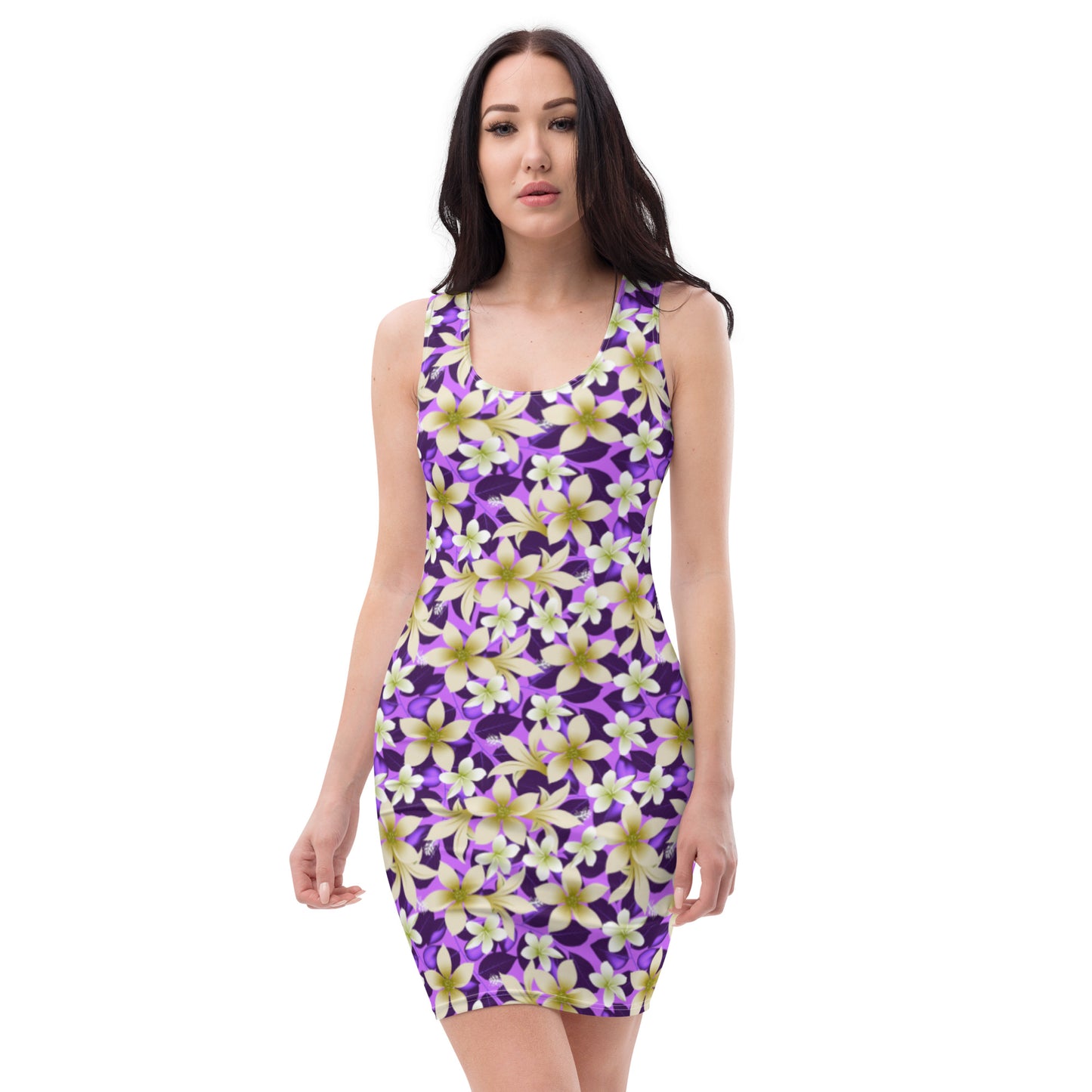 Tan Tropical Hibiscus Flowers With Purple Leaves Dress