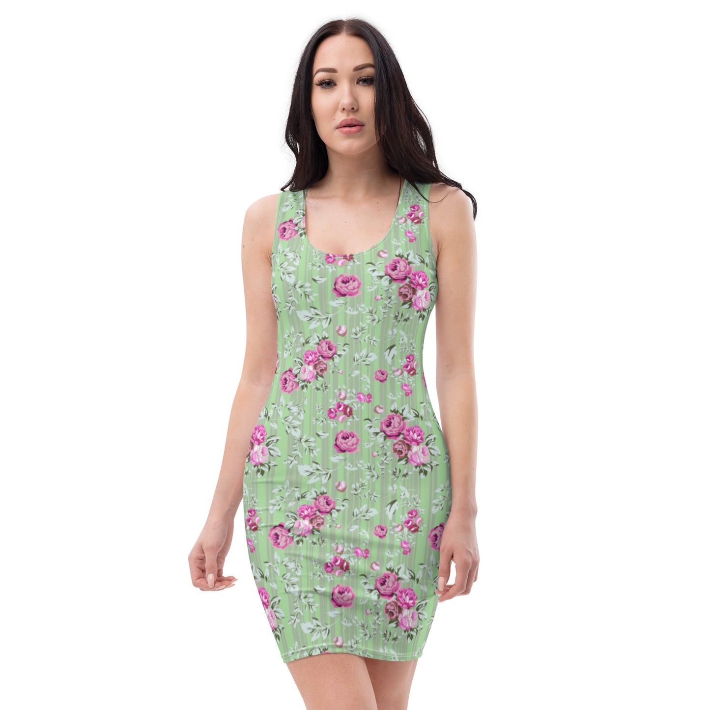 Pink Roses With Green Stripes Dress