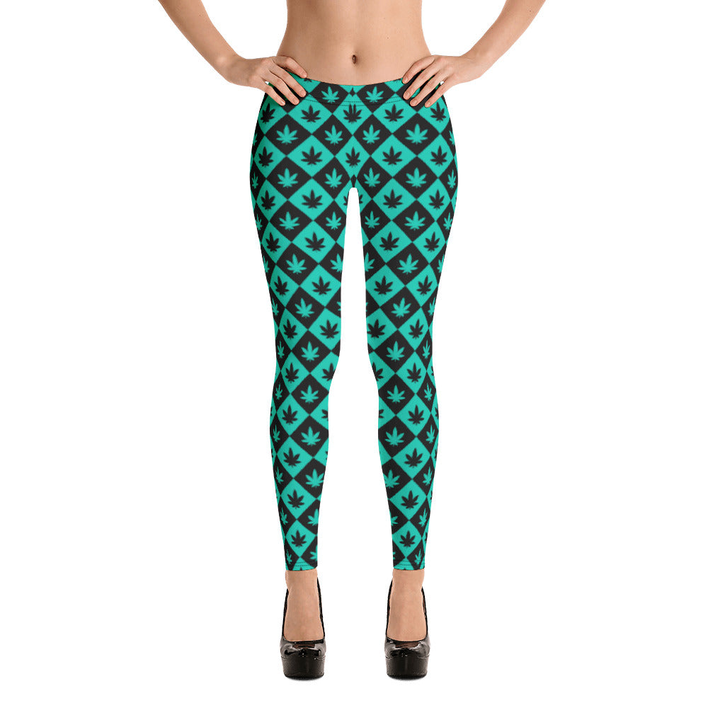 Black & Teal Stoners Only Weed Leaf Checker Board Leggings