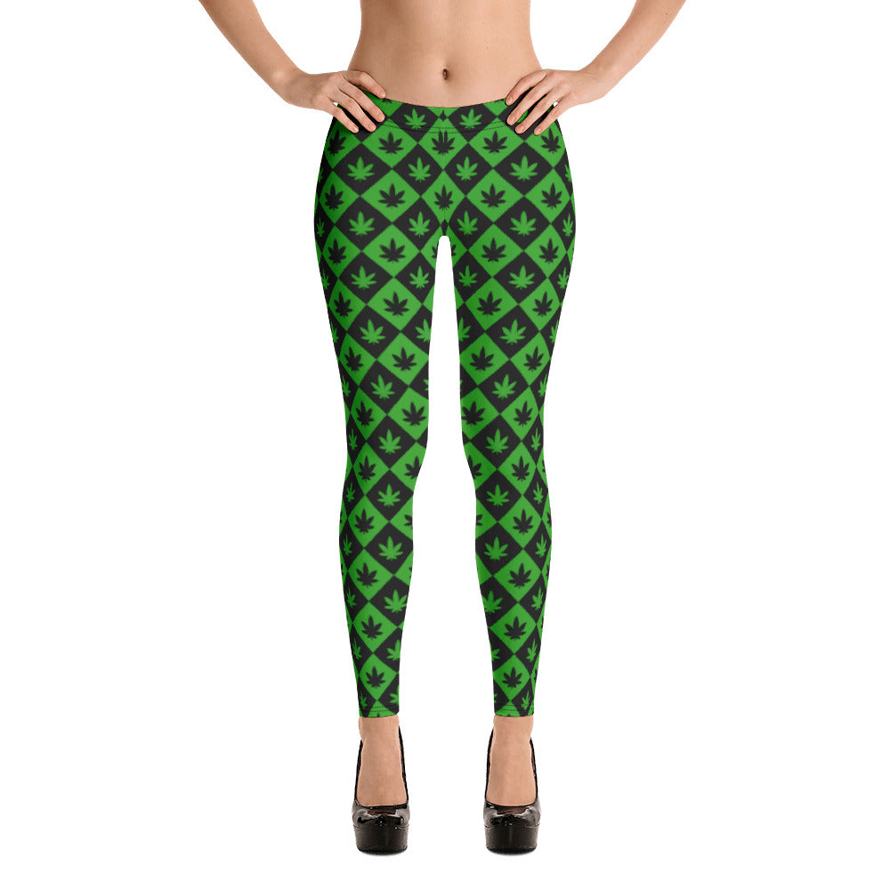 Black & Green Stoners Only Weed Leaf Checker Board Leggings