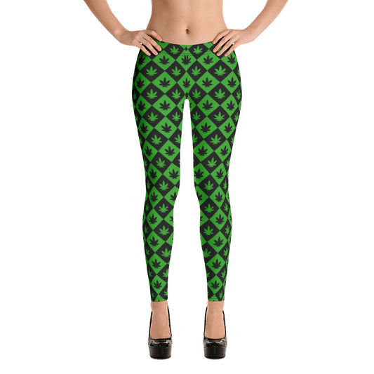 Black & Green Stoners Only Weed Leaf Checker Board Leggings