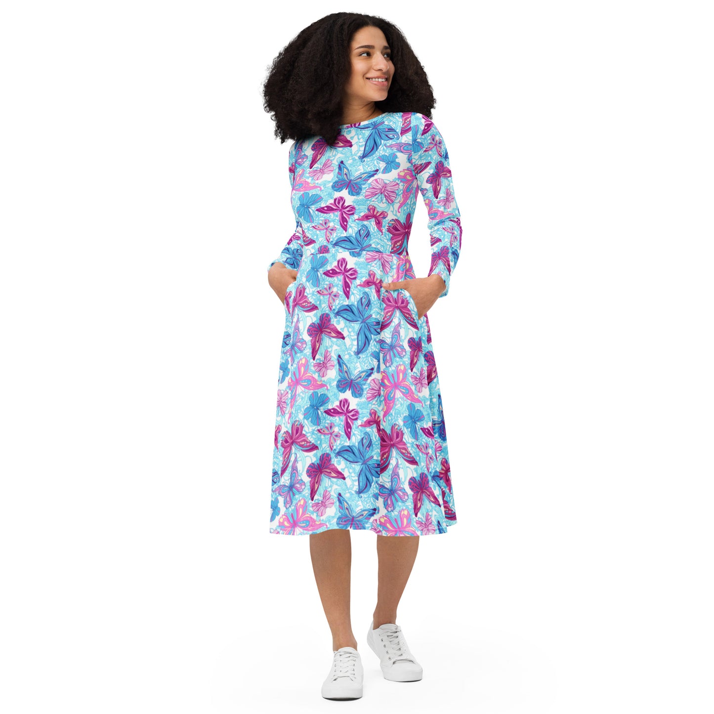 Beautiful Colorful Butterflies long sleeve midi dress