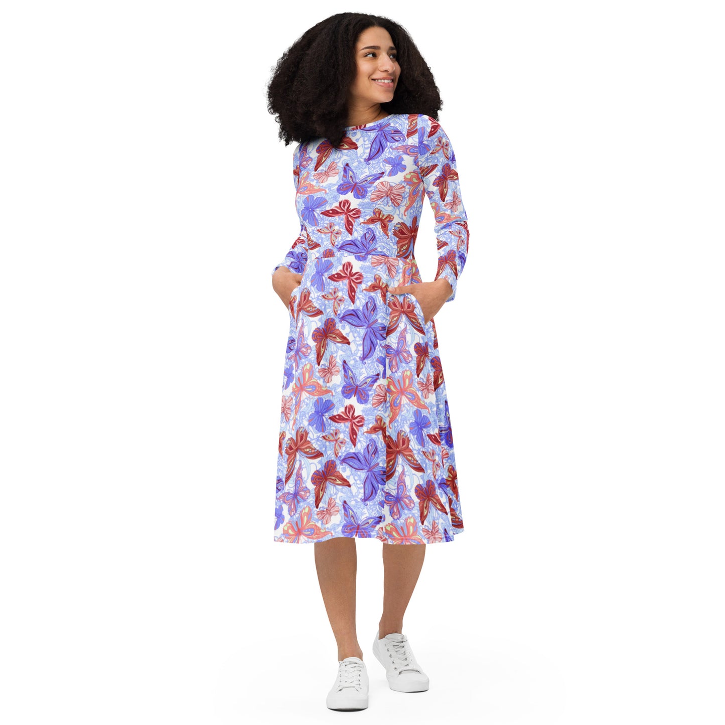 Beautiful Colorful Butterflies long sleeve midi dress