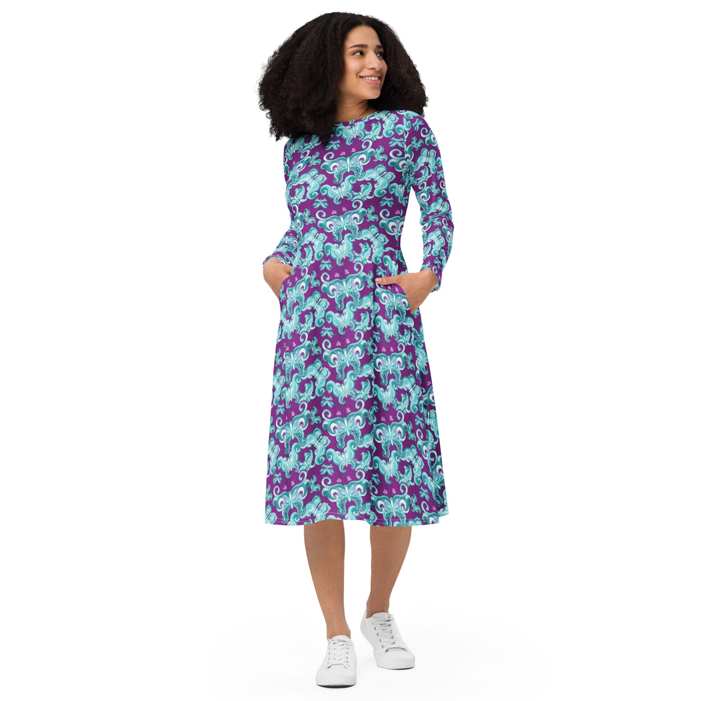 Beautiful Colorful Butterflies long sleeve midi dress