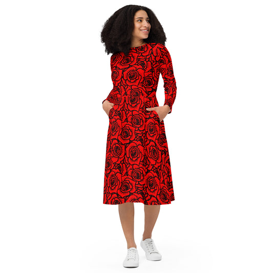 Red Roses long sleeve midi dress