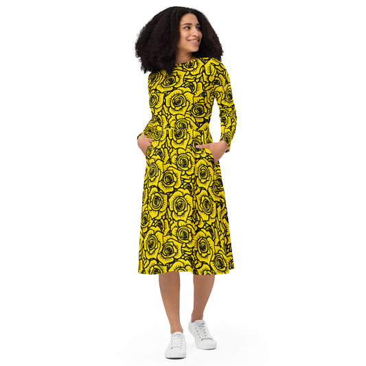 Yellow Roses long sleeve midi dress