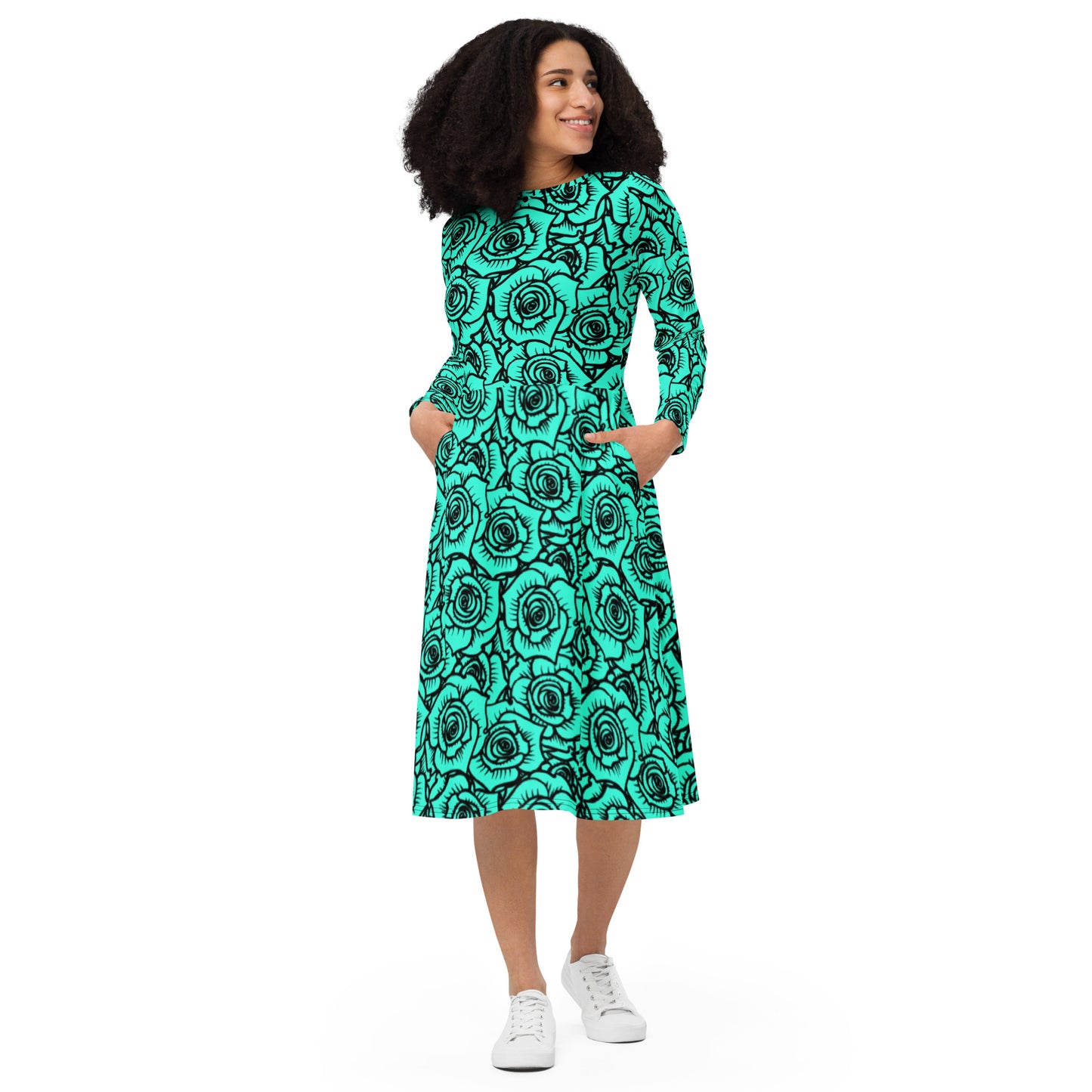 Teal Roses long sleeve midi dress