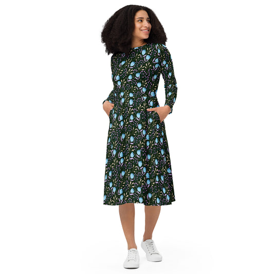 Cute Flowers long sleeve midi dress