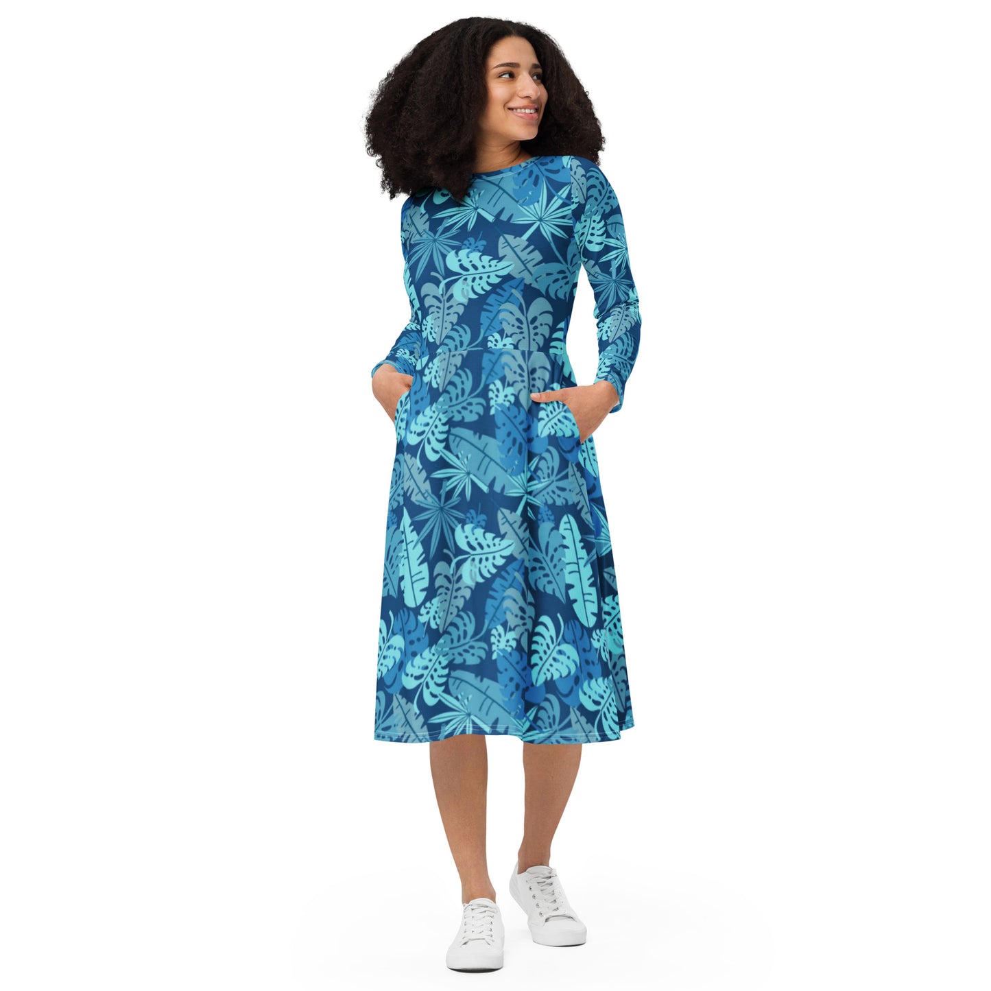 Blue Tropical Palm Leaves long sleeve midi dress