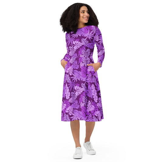 Purple Tropical Palm Leaves long sleeve midi dress