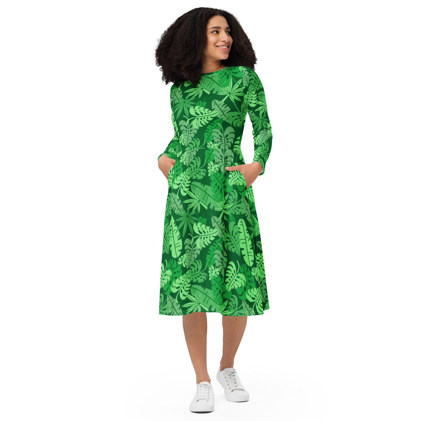 Green Tropical Palm Leave long sleeve midi dress