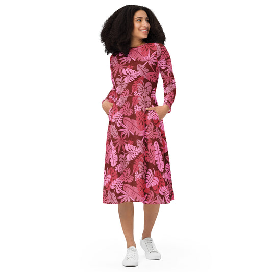 Red Tropical Palm Leaves long sleeve midi dress