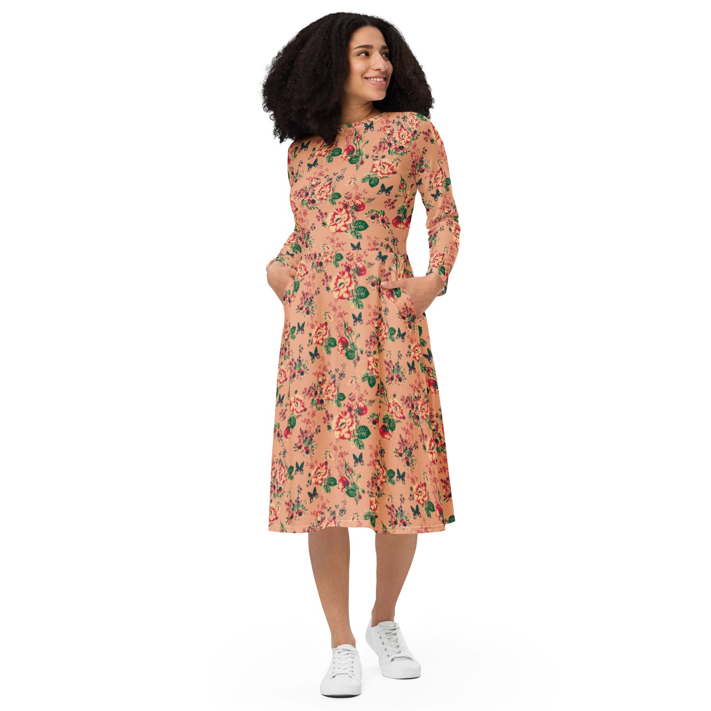 Beautiful Butterflies & Roses long sleeve midi dress