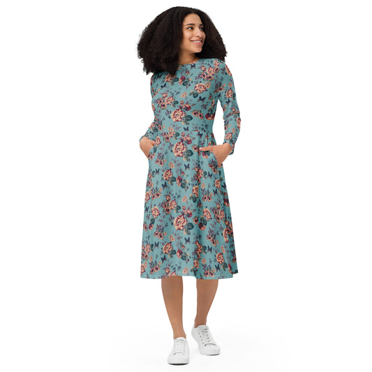 Beautiful Butterflies & Roses long sleeve midi dress