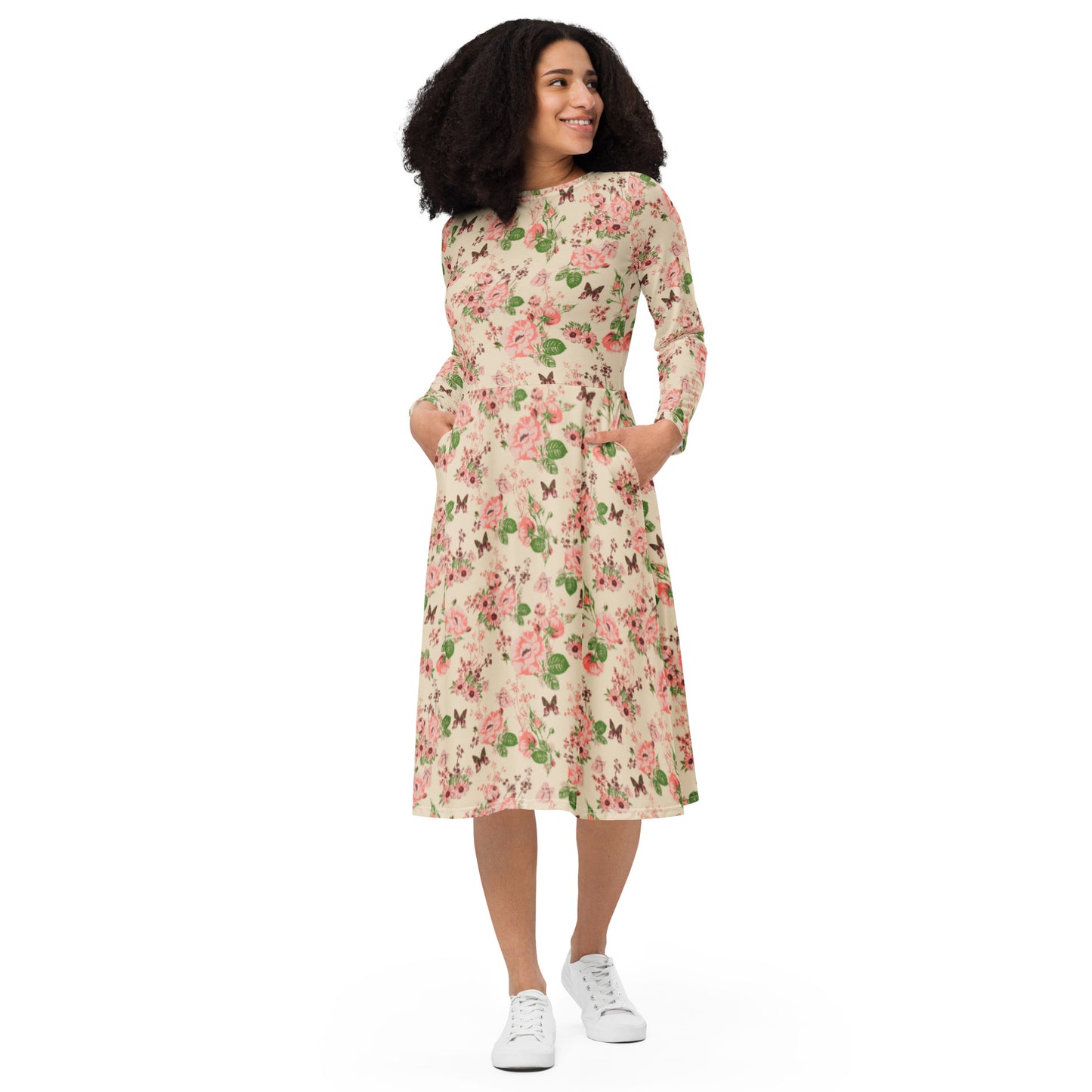 Beautiful Butterflies & Roses long sleeve midi dress