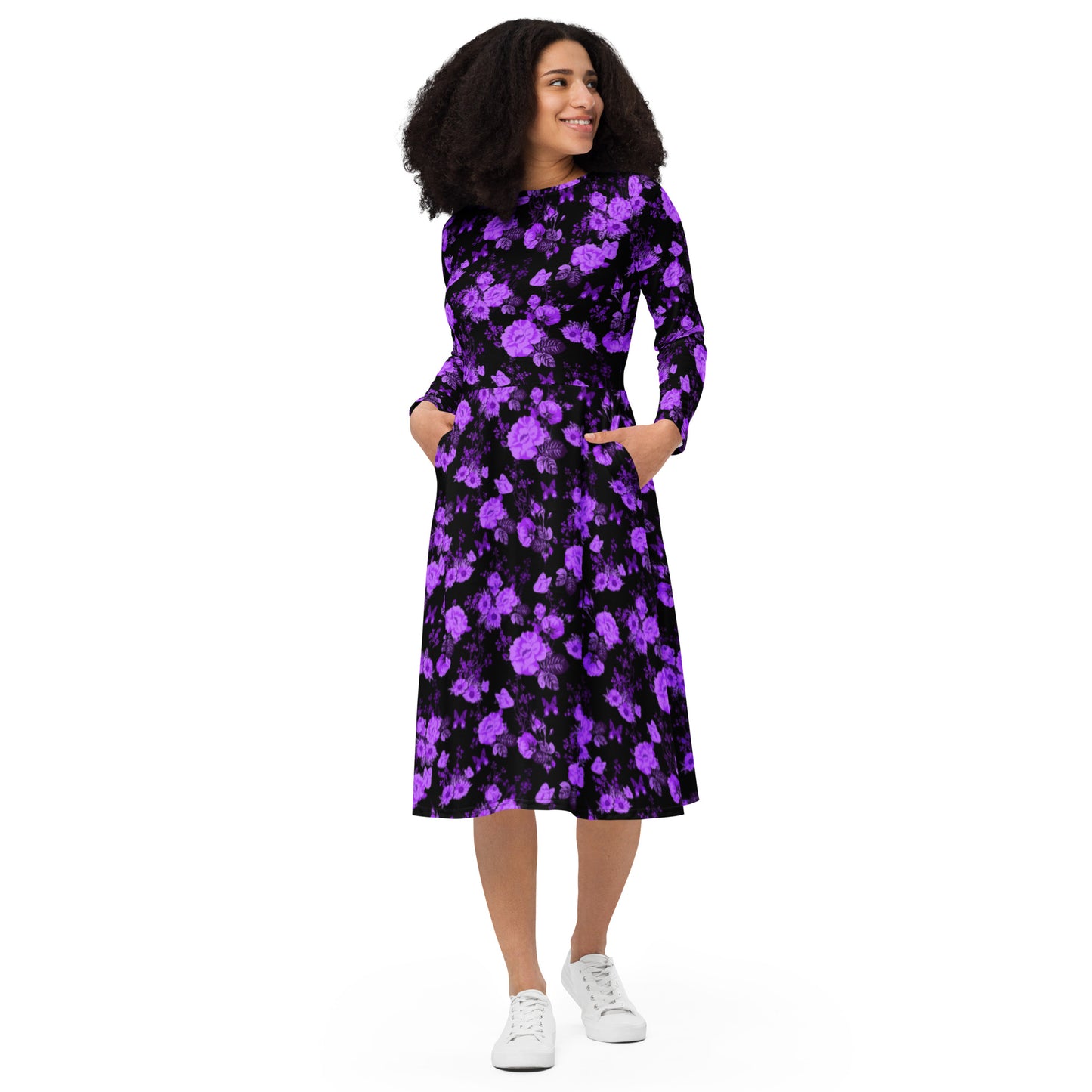 Beautiful Butterflies & Roses long sleeve midi dress