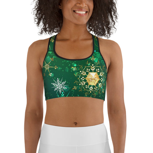 Green With Golden Snowflakes Sports bra