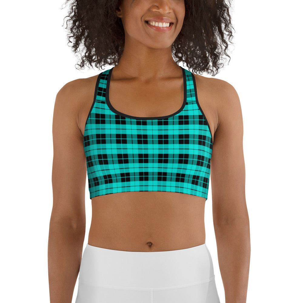 Teal & Black Plaid Sports bra