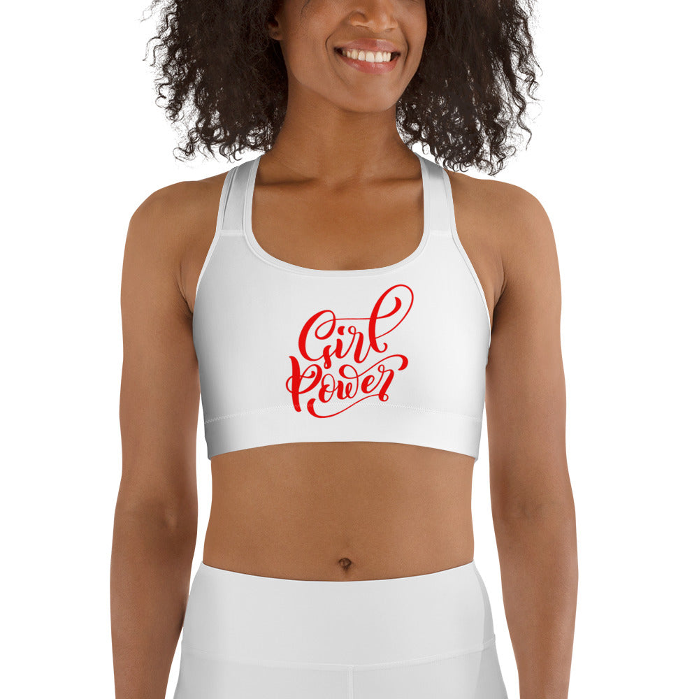 White & Red Girl Power Sports bra