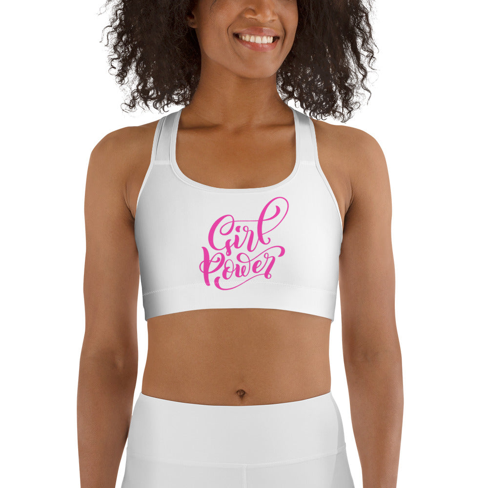 White & Pink Girl Power Sports bra