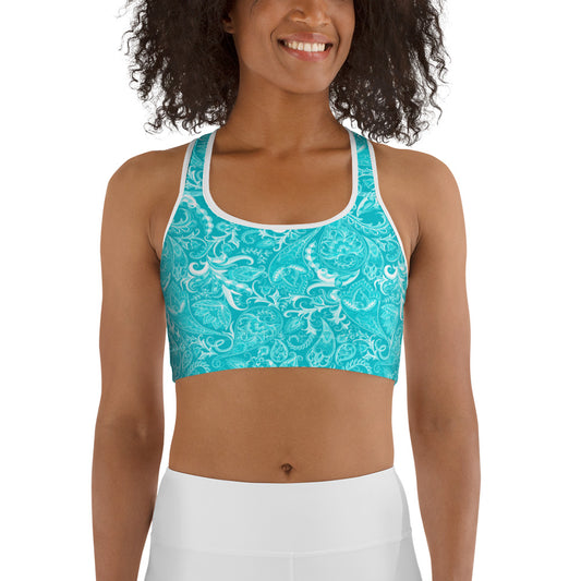 Cute Flower Teal & White Sports bra