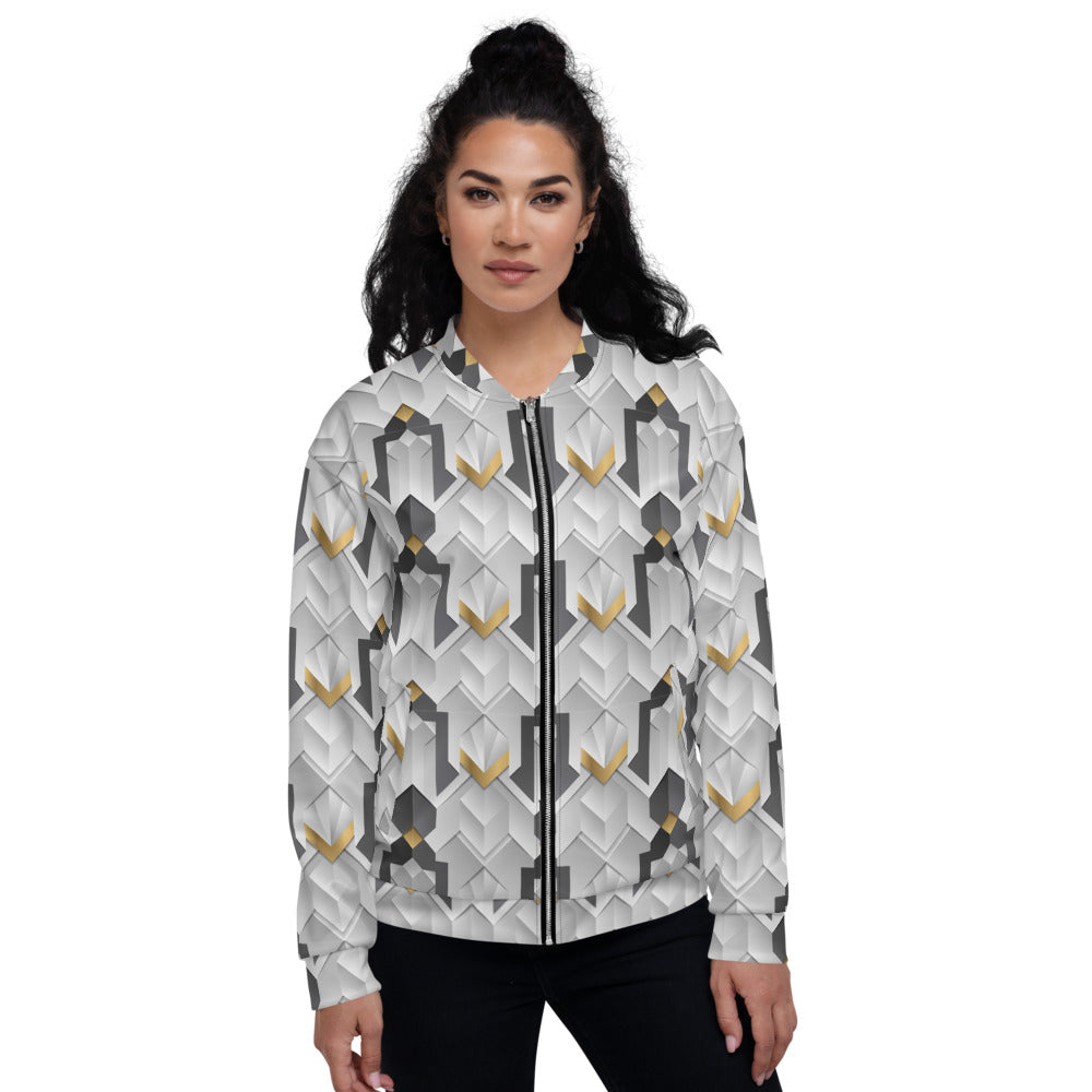 White Abstract Geometric Unisex Bomber Jacket