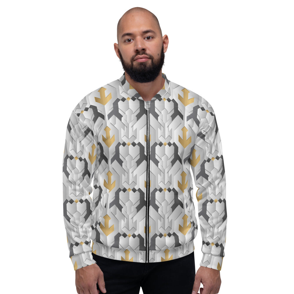 White Abstract Geometric Unisex Bomber Jacket