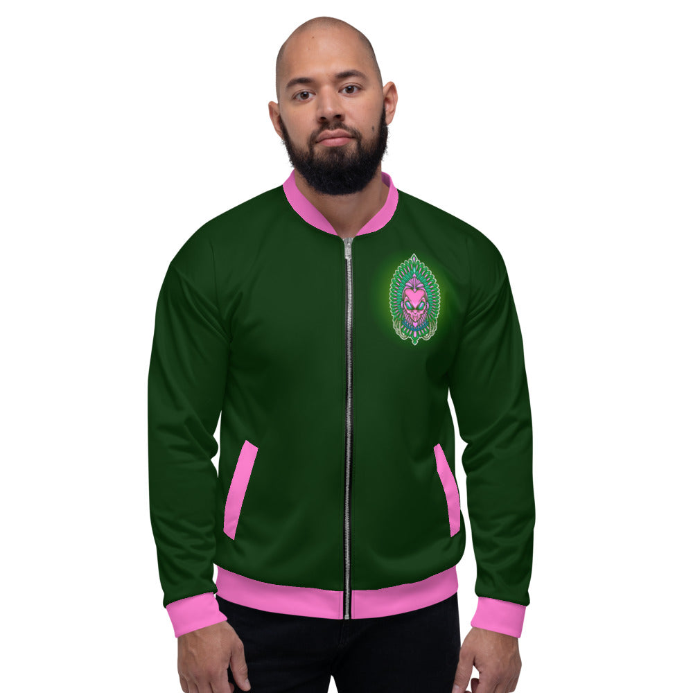 Dark Green & Pink Alien Aztec Indian Unisex Bomber Jacket