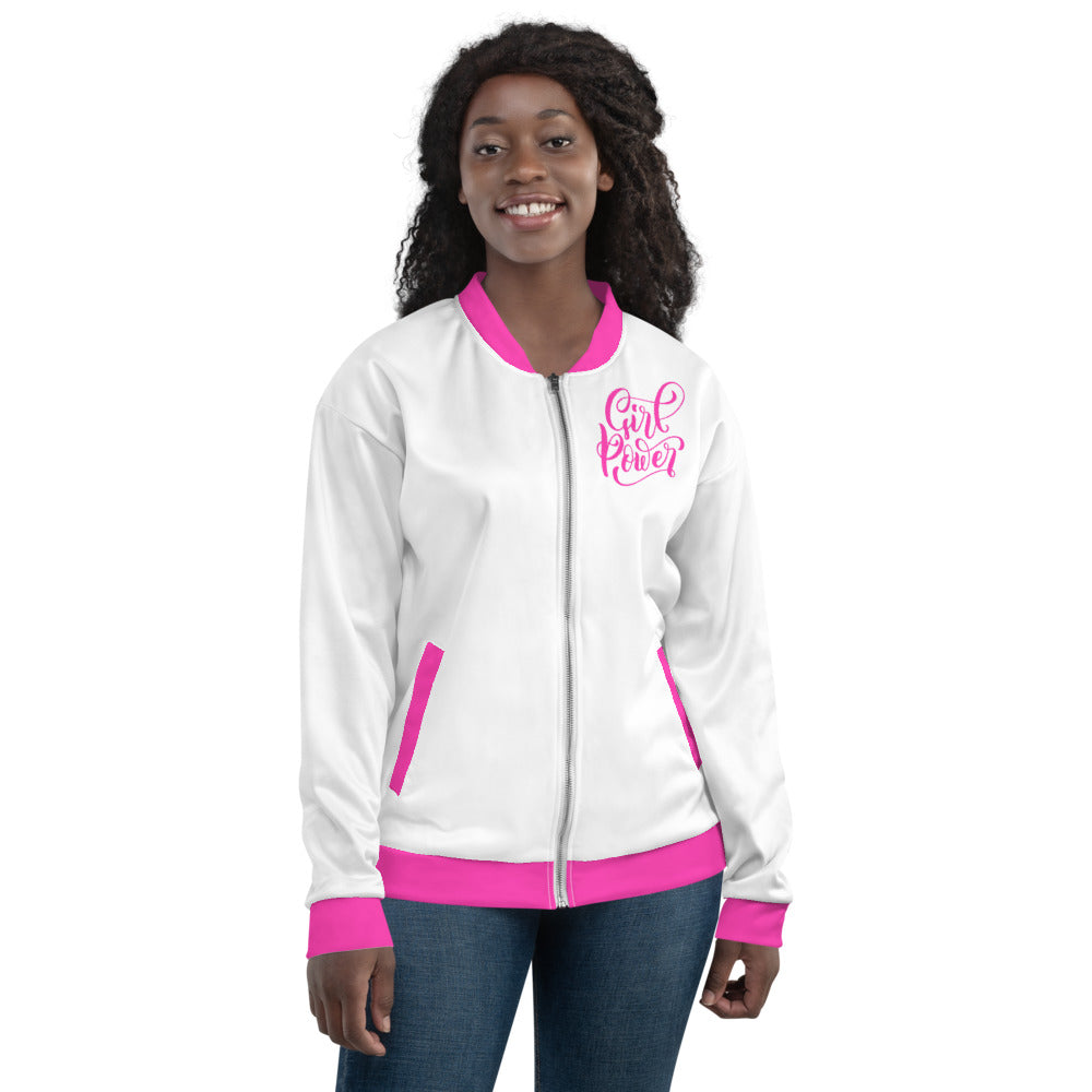 White & Pink Girl Power Unisex Bomber Jacket