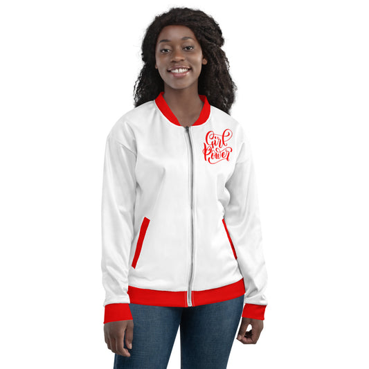 White & Red Girl Power Unisex Bomber Jacket