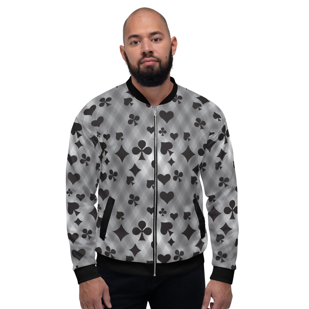 Grey & Black Playing Card Unisex Bomber Jacket