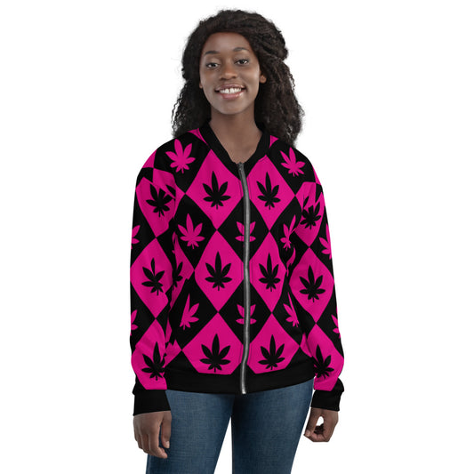 Black & Pink Stoners Only Weed Leaf Checker Board Unisex Bomber Jacket