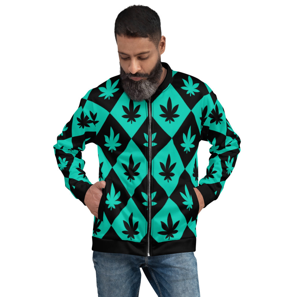 Black & Teal Stoners Only Weed Leaf Checker Board Unisex Bomber Jacket