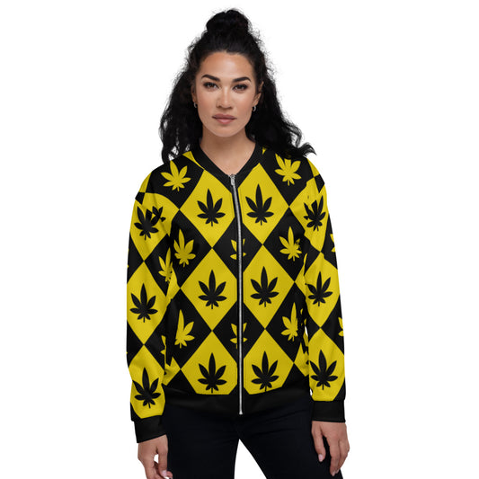 Black & Yellow Stoners Only Weed Leaf Checker Board Unisex Bomber Jacket